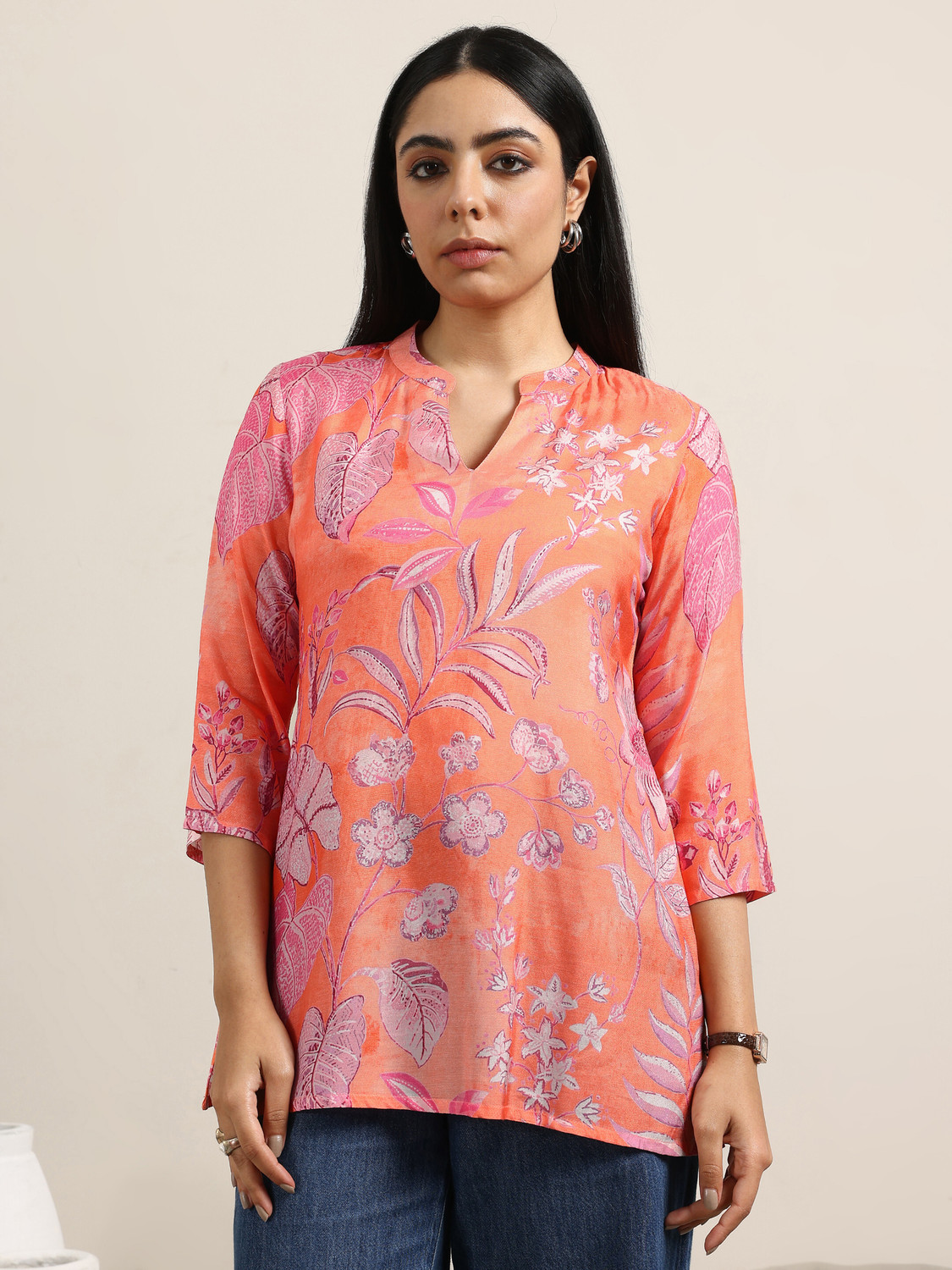 Image of GERUA BY LIBAS Printed Silk Blend Straight Kurta for Women (Orange)