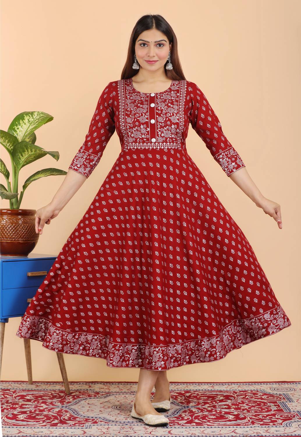 NANERA Women Printed Cotton Rayon Anarkali Kurta (Purple)