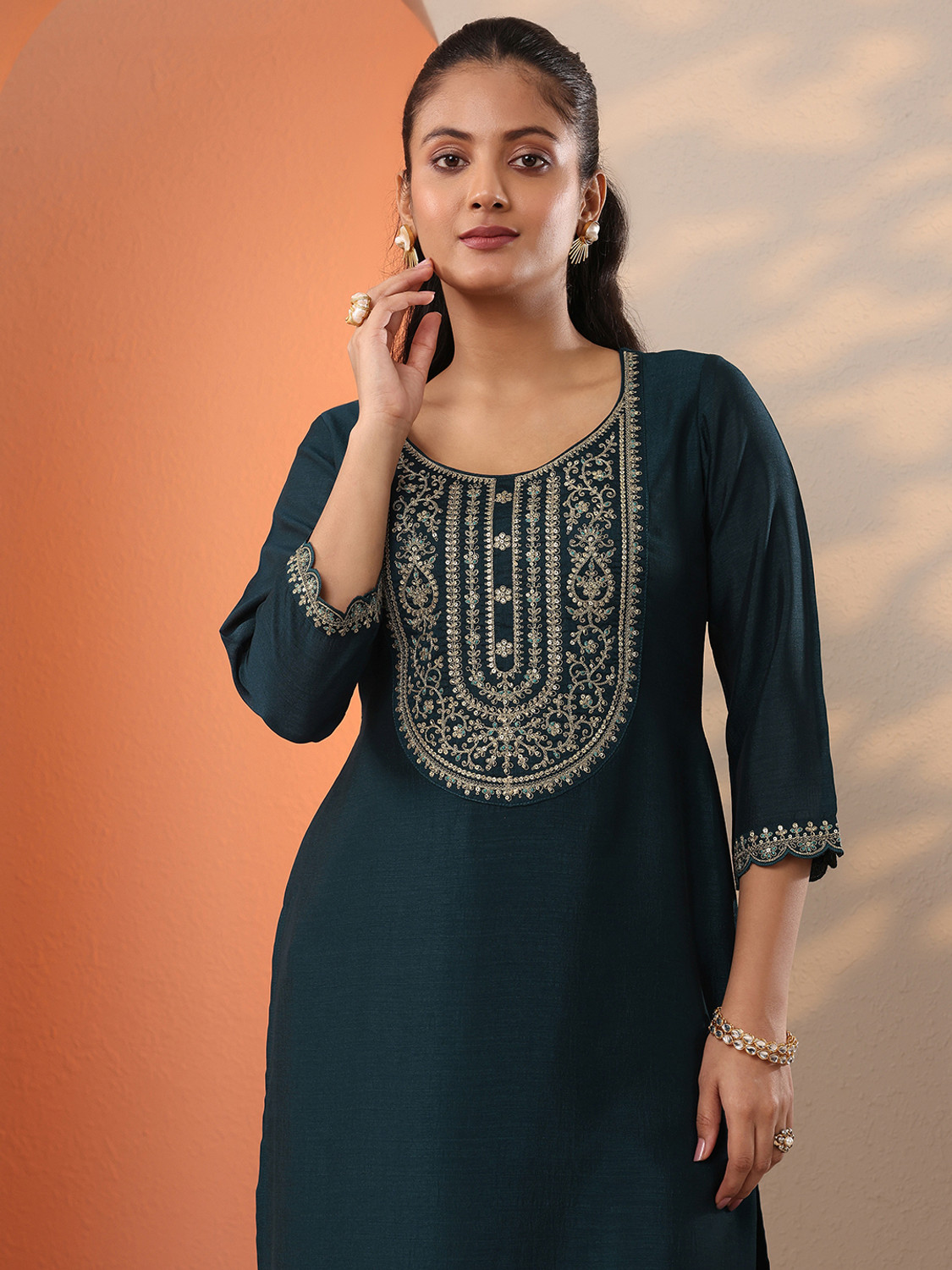 Image of LIBAS Embroidered Silk Blend Straight Kurta for Women (Blue)