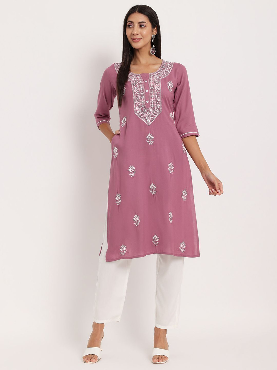 Image of ANGITA Women Chikan Embroidery A-line Kurta