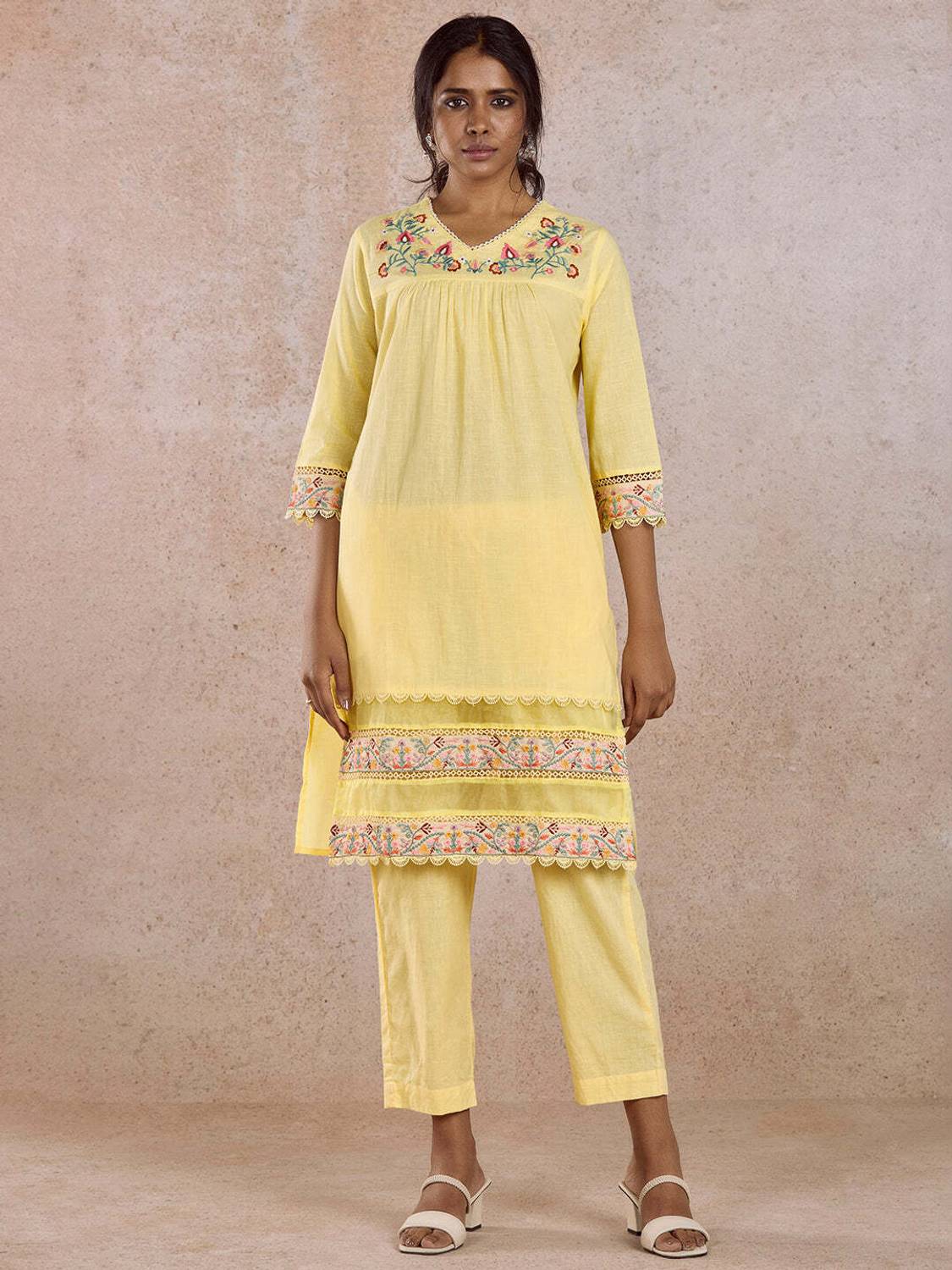 IMARA Women Printed Pure Cotton Straight Kurta (Yellow)