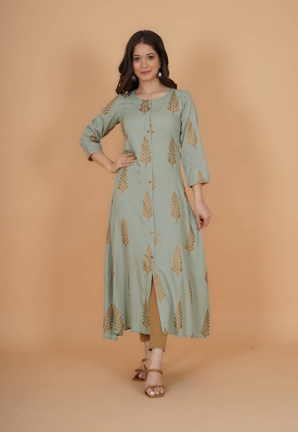 INDIANIC Women Printed Viscose Rayon A-line Kurta (Green)