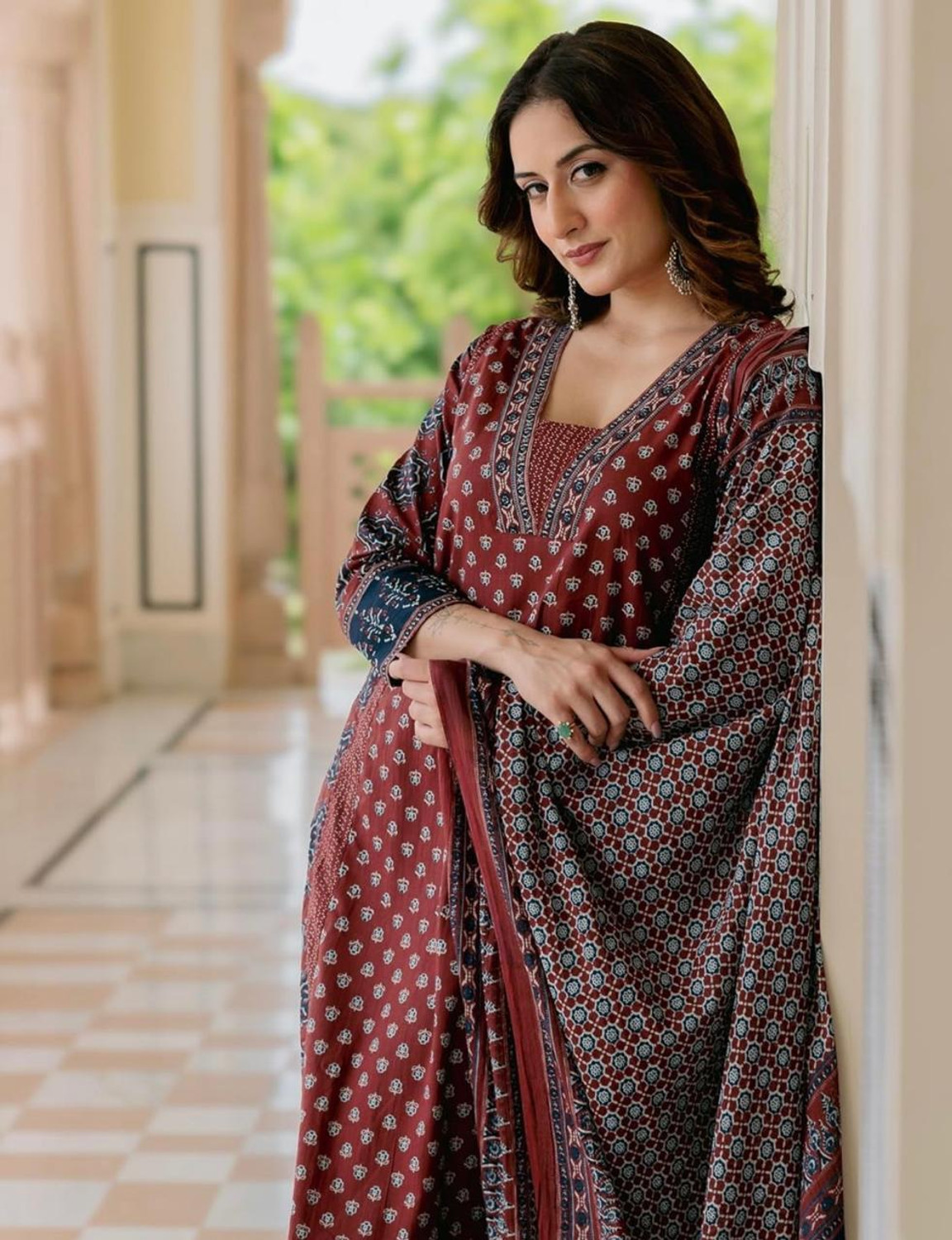 Image of JODAA Printed Viscose Rayon Anarkali Kurta for Women With Attached Dupatta (Maroon)