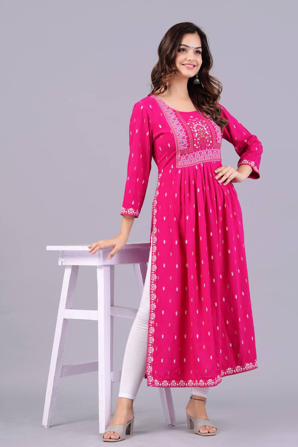 Saabhi Women Printed Viscose Rayon Flared Kurta (Pink)