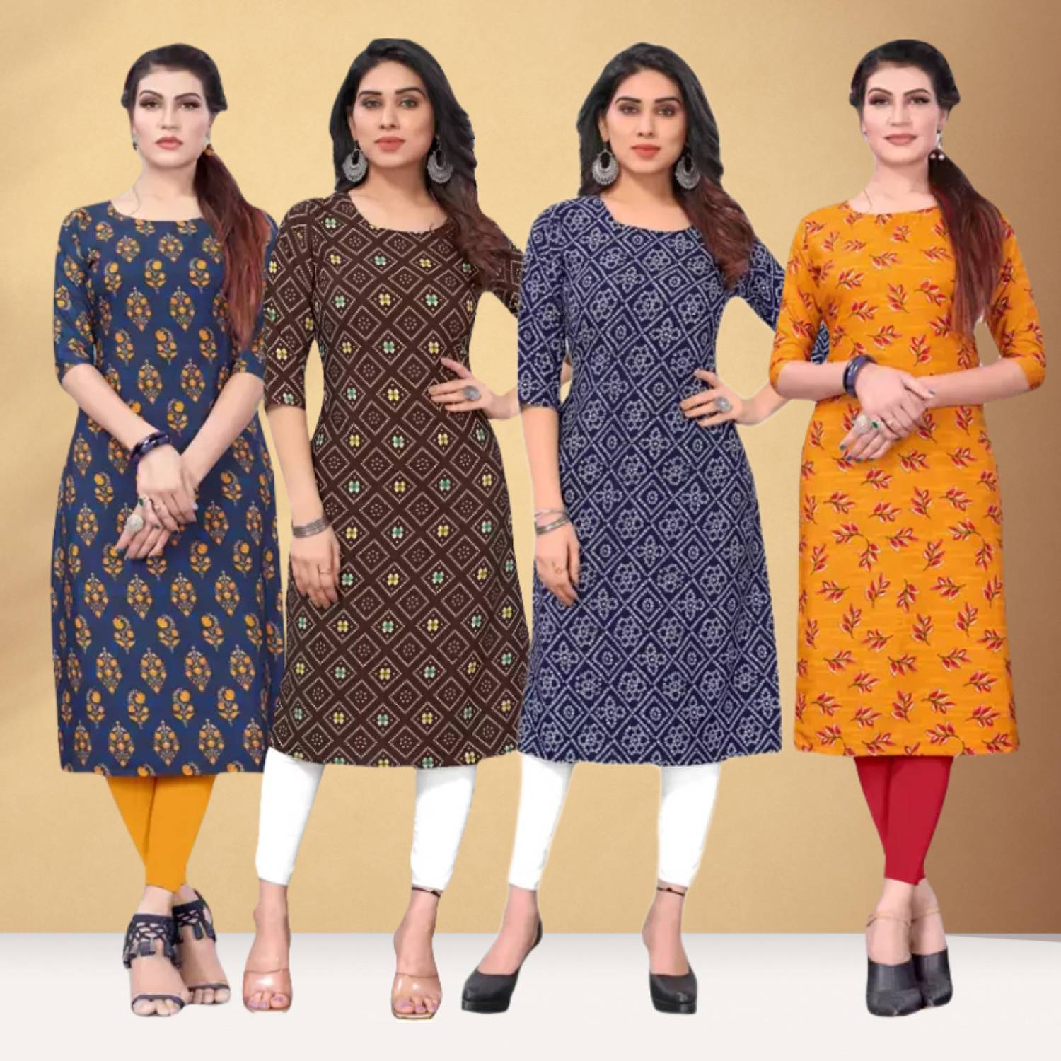 Hiral Pack of 4 Women Printed Crepe Straight Kurta (Multicolor)