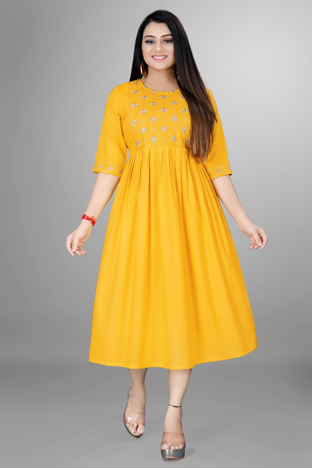 Image of sheladiya Women Fit and Flare Yellow Midi /Calf Length Dress