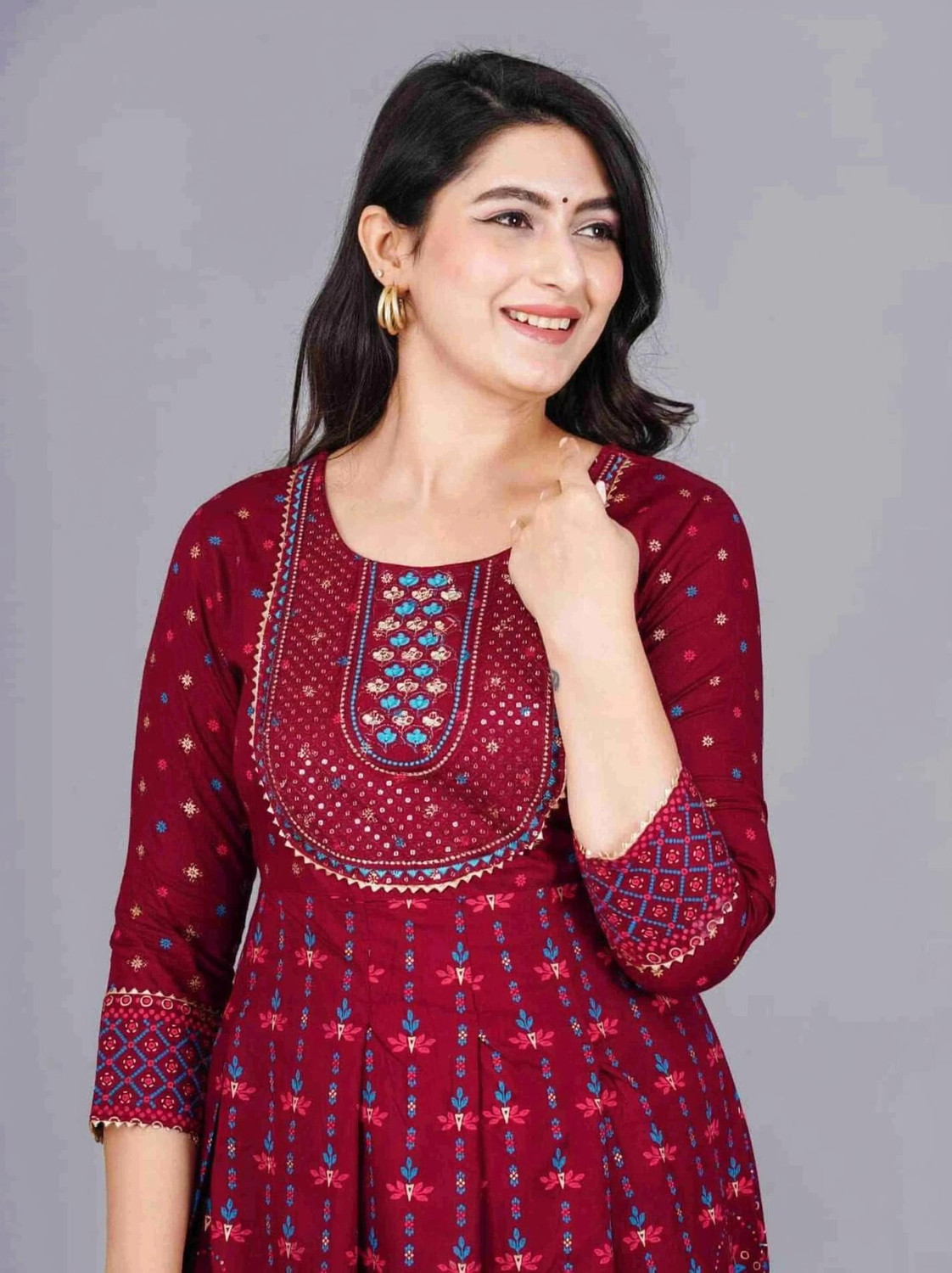 Image of GAZLA FASHION Printed Viscose Rayon Anarkali Kurta for Women (Maroon)