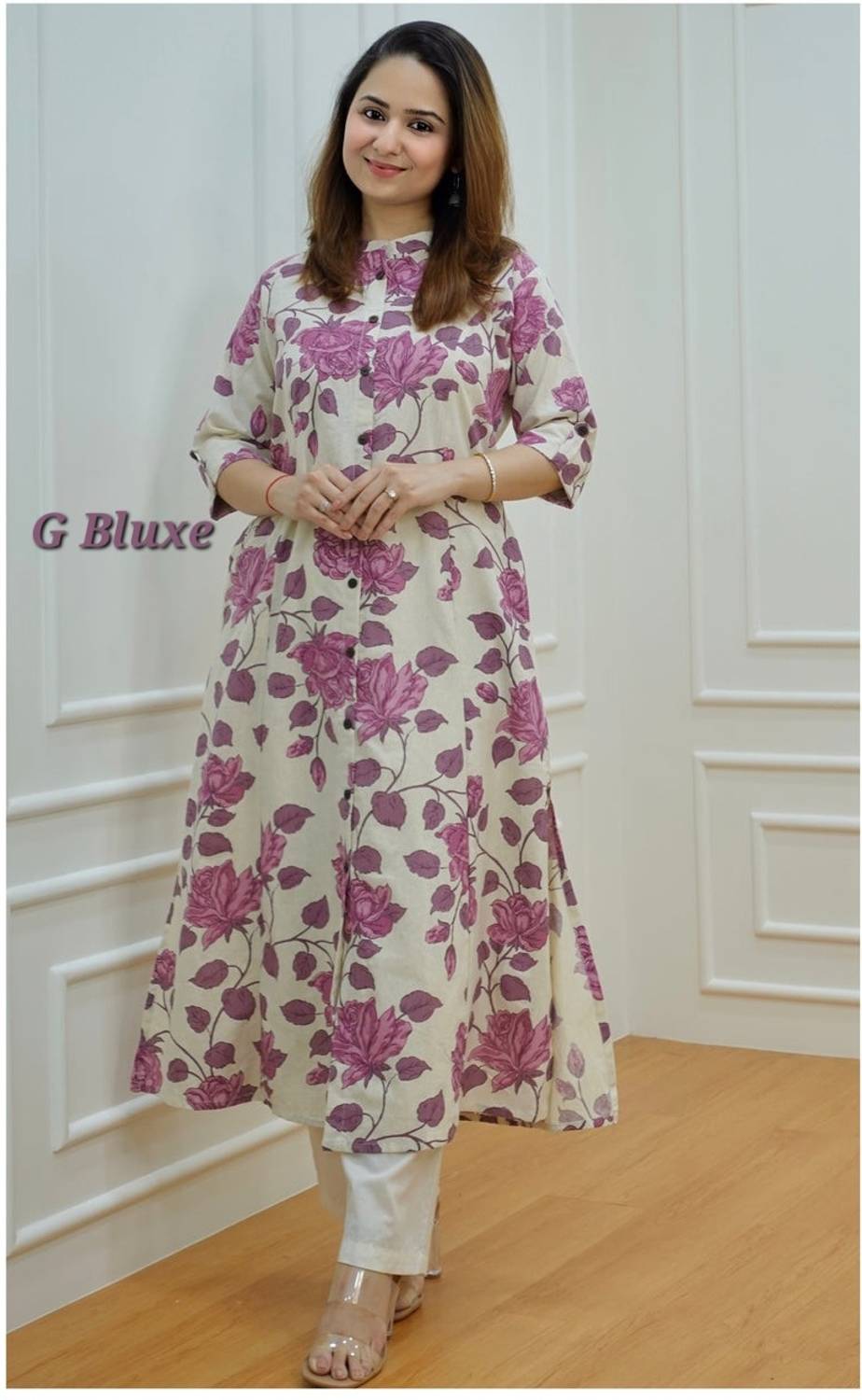 G Bluxe Women Printed Pure Cotton A-line Kurta (Purple)