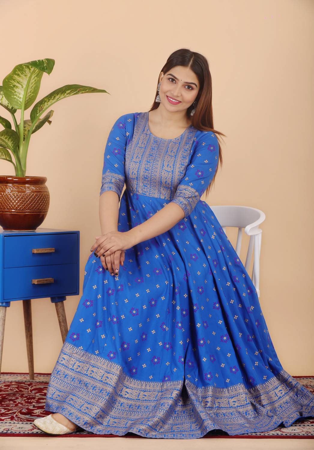 CHARVI CREATION Women Printed Viscose Rayon Anarkali Kurta (Blue)