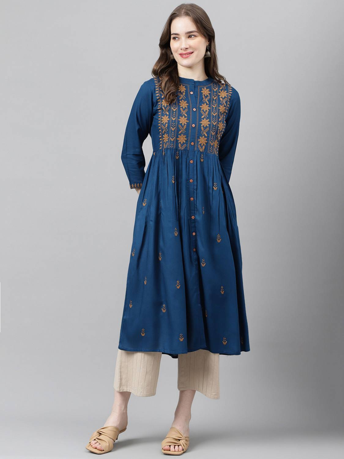 FASHION PATTI Women Embroidered Viscose Rayon A-line Kurta (Blue)