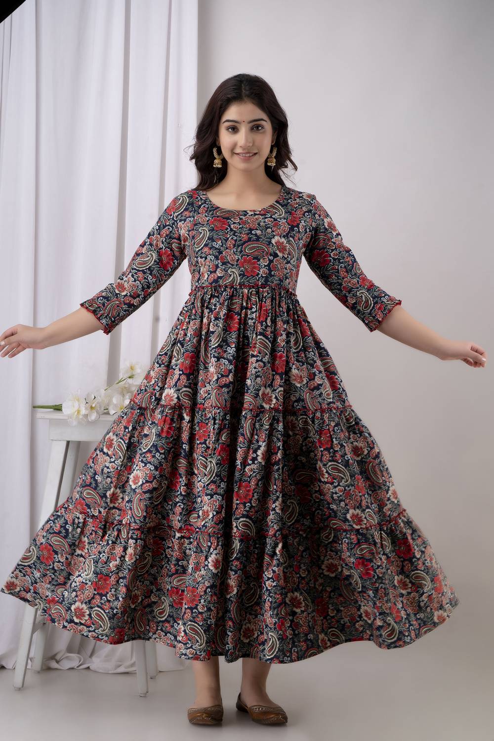 Henal Women Printed Cotton Blend Flared Kurta (Multicolor)