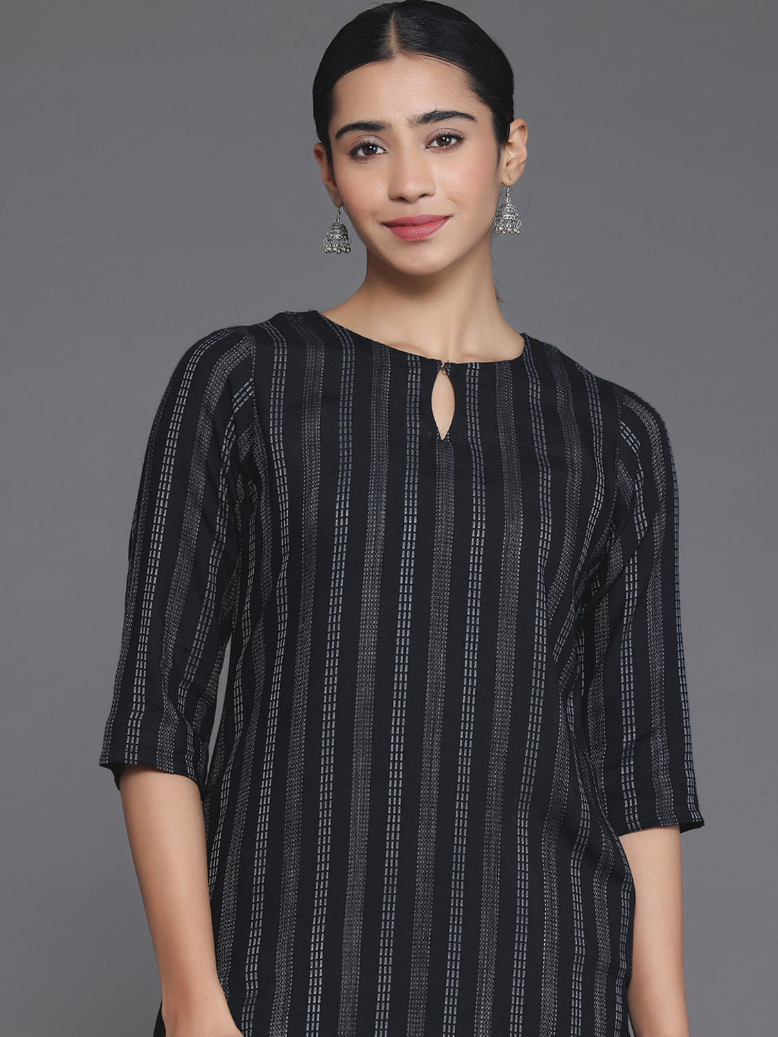 Image of LIBAS Striped Viscose Rayon Straight Kurta for Women (Dark Blue, Grey)