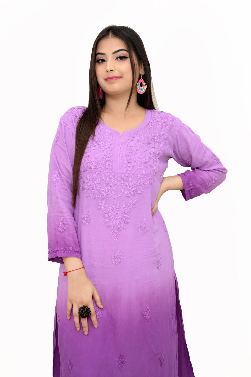 Image of Narayani Collections Women Chikan Embroidery Straight Kurta