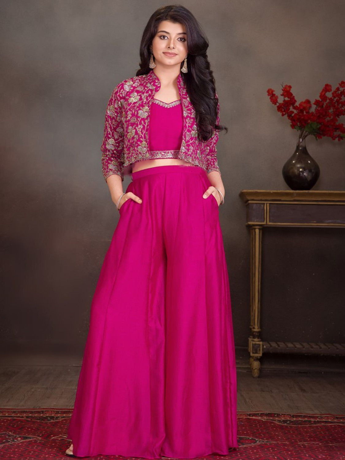Image of Prutha Fashion Women Crop Top Palazzo Ethnic Jacket Set