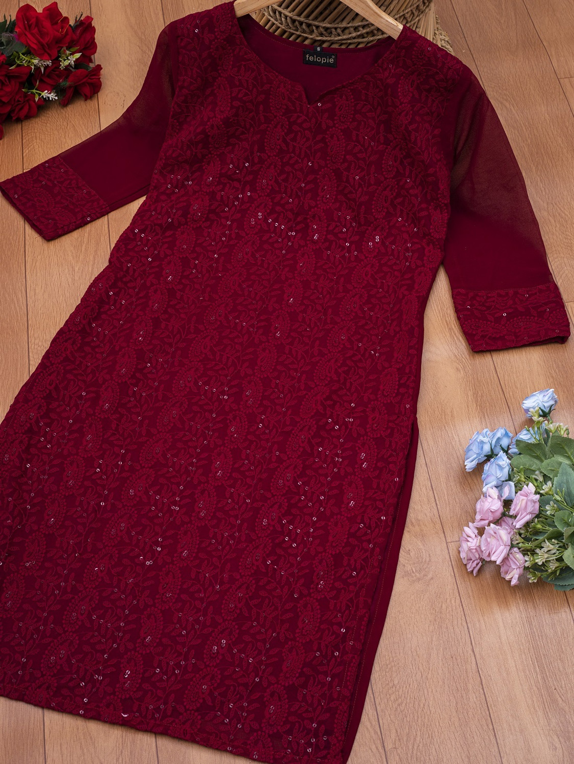 Image of Felopie Women Chikan Embroidery A-line Kurta