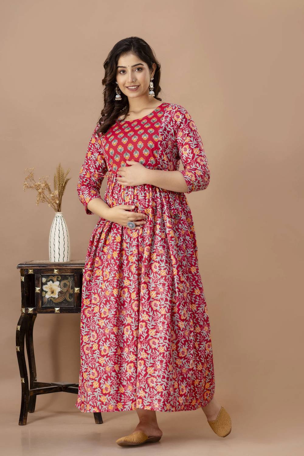 Tulsiram Women Printed Pure Cotton Anarkali Kurta (Red, Orange)