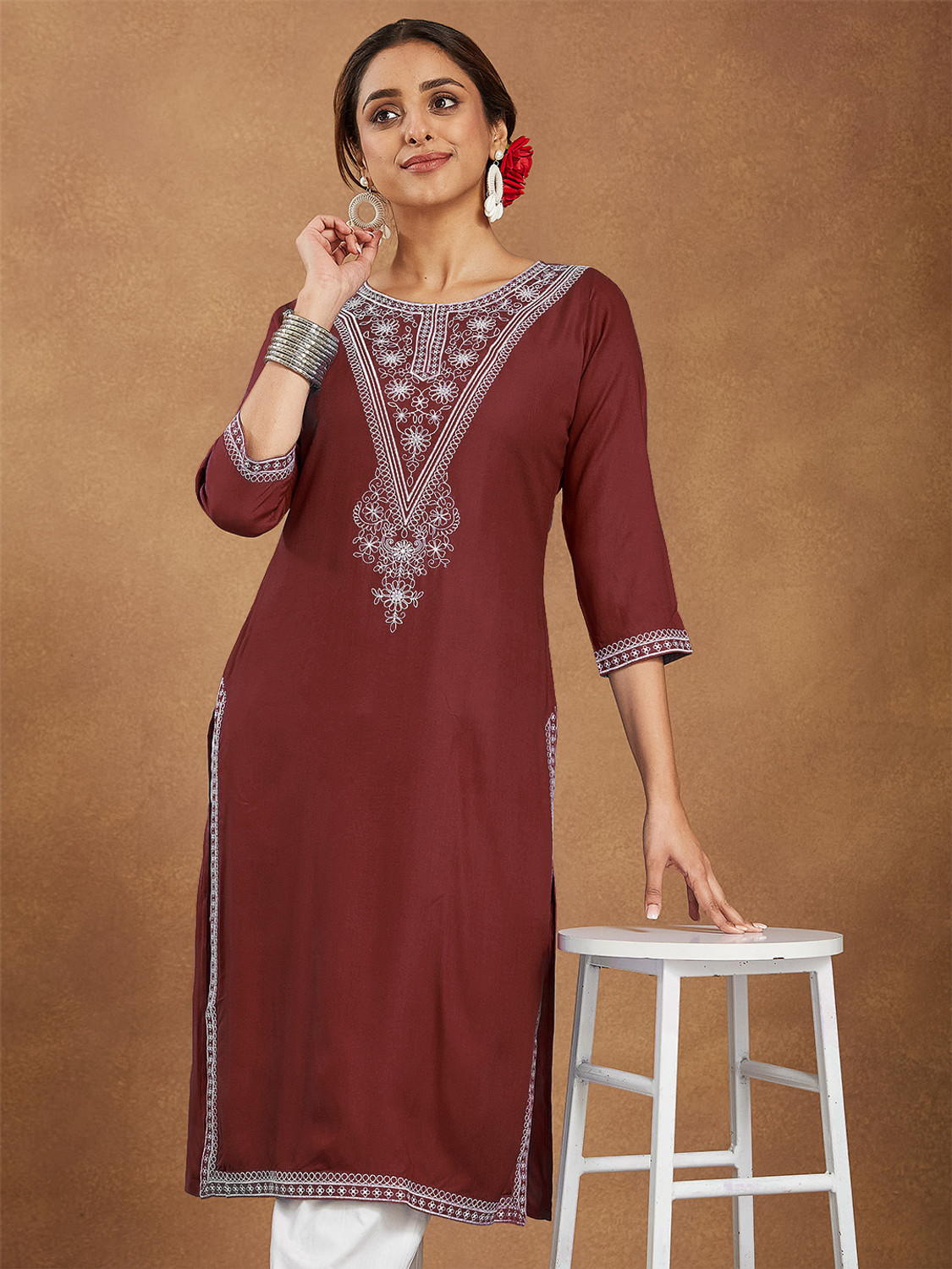Image of Janasya Embroidered Viscose Rayon Straight Kurta for Women (Maroon)
