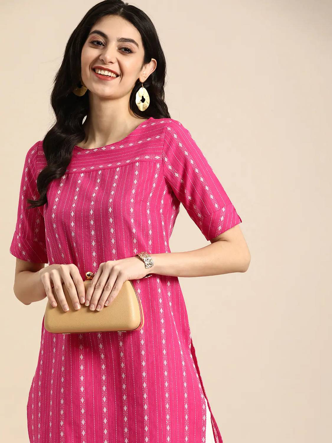 SUBESA Women Printed Pure Cotton Straight Kurta (Pink, White)