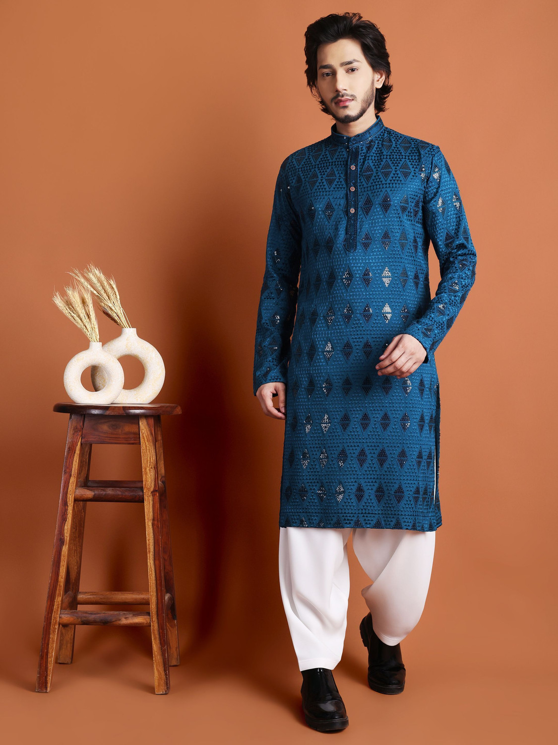 Image of TIBRA Men Embroidered, Embellished Straight Kurta