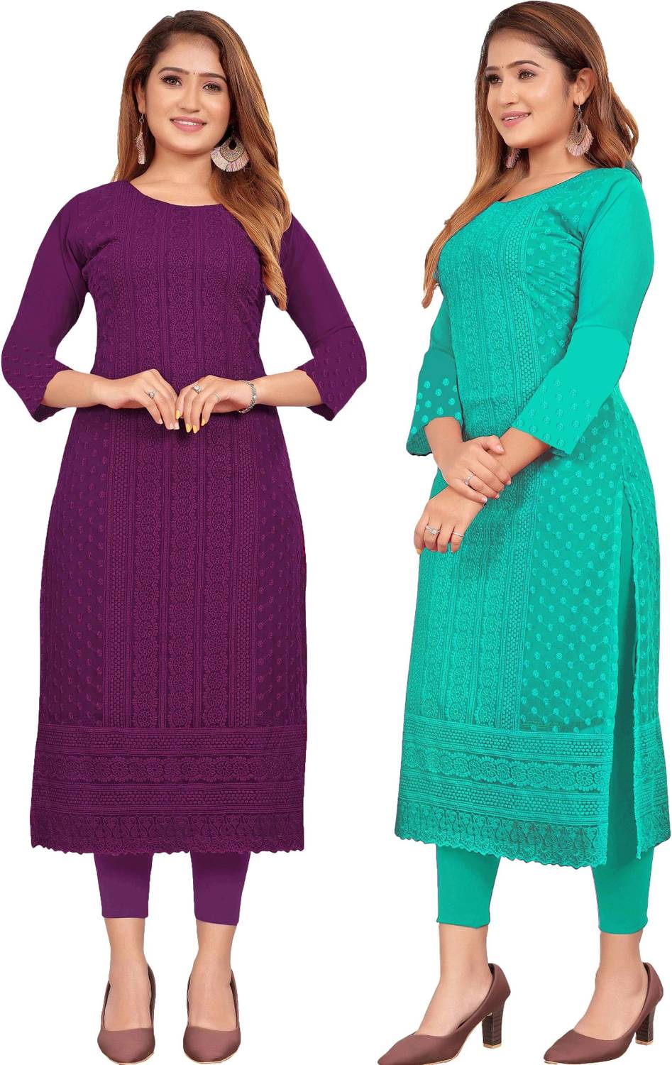 KAYRAAH Pack of 2 Women Chikan Embroidery Georgette Straight Kurt