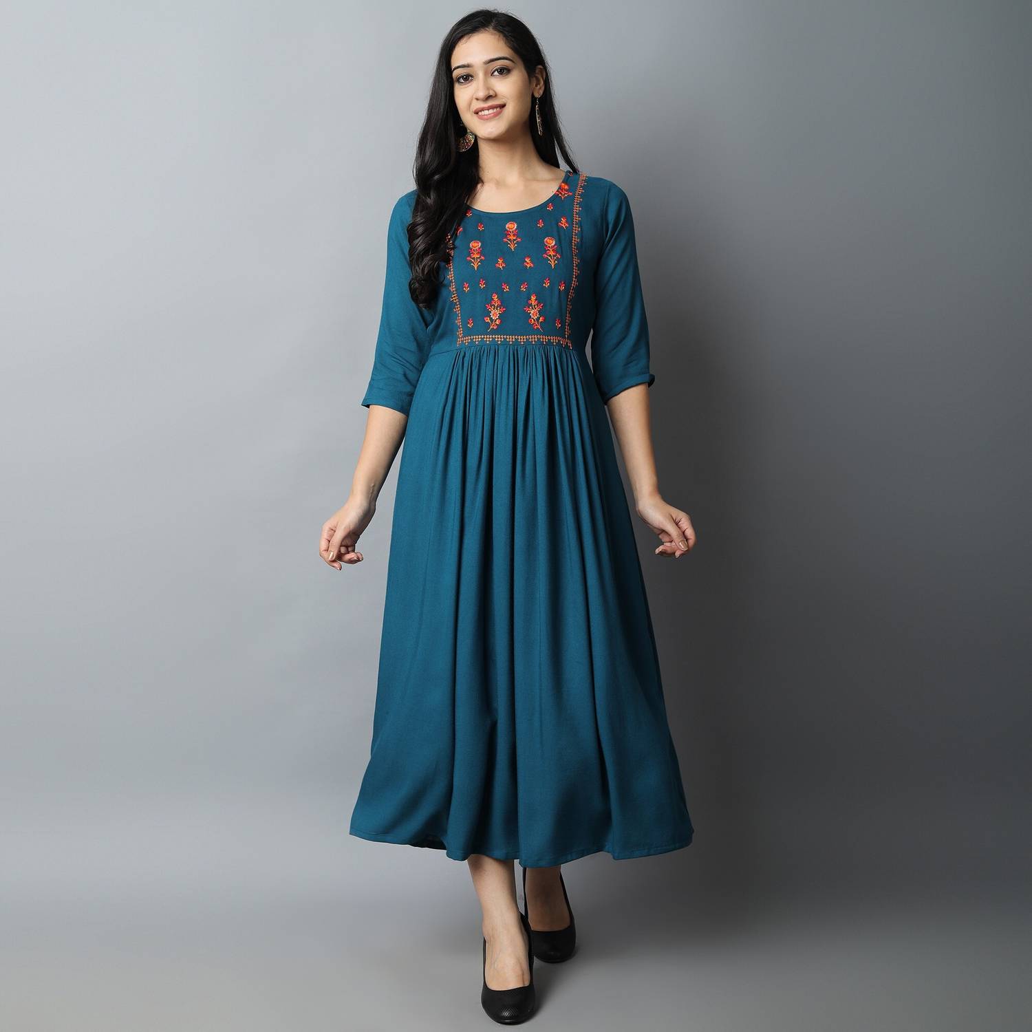 Kriska Women Embroidered Viscose Rayon A-line Kurta (Blue)
