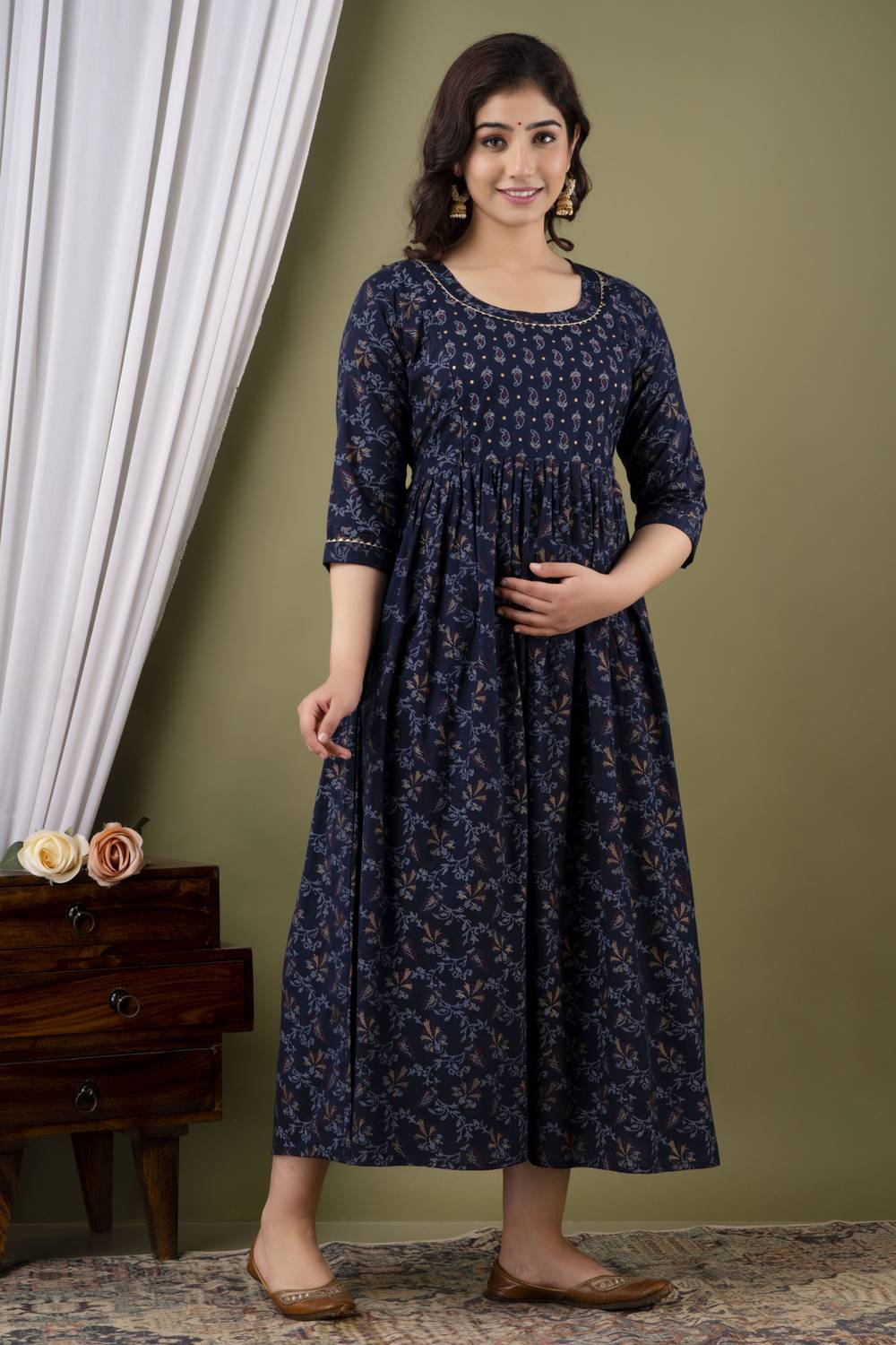 Madfury Women Printed Pure Cotton Anarkali Kurta (Dark Blue, Blue