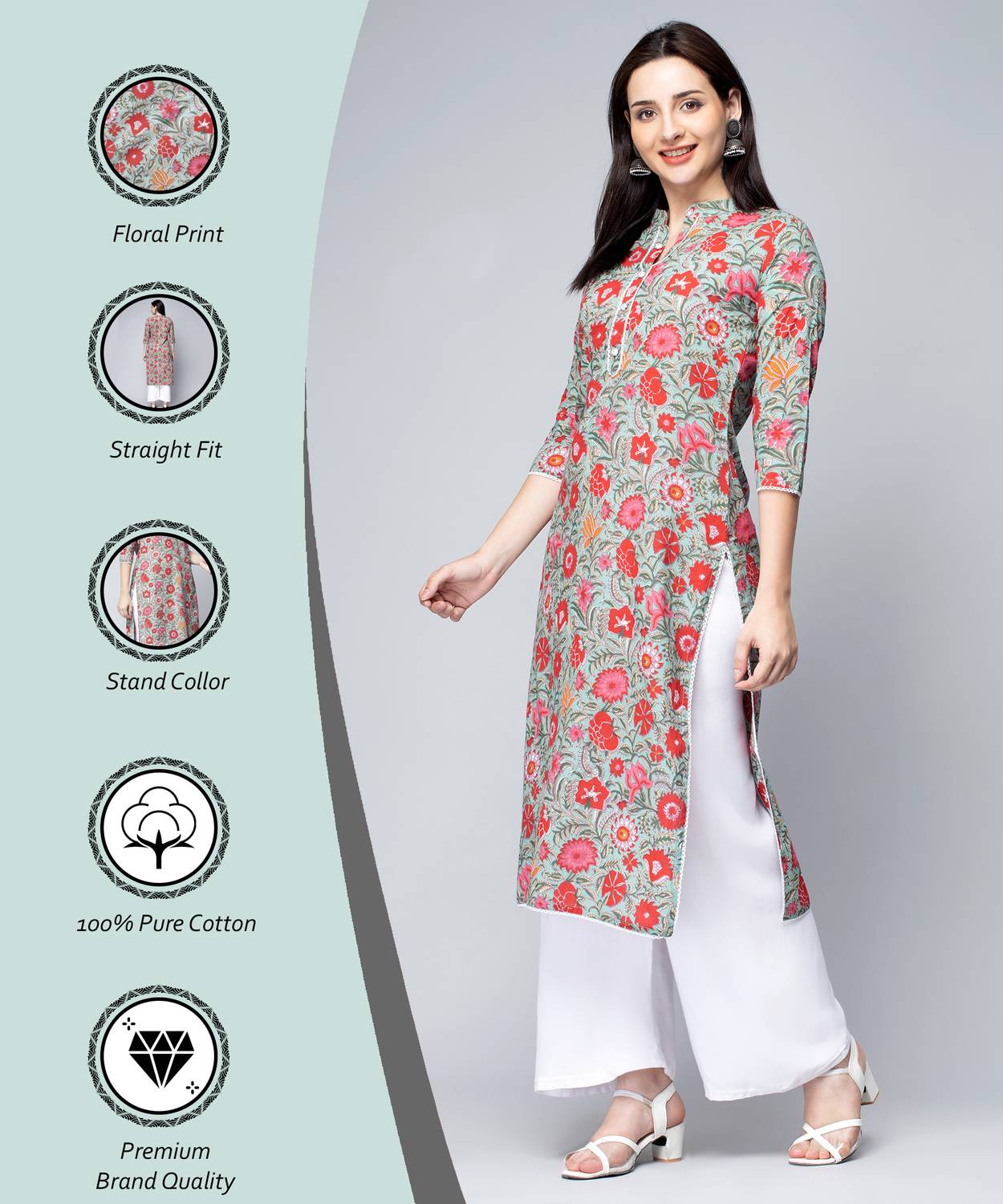 GREYSHADE Women Printed Viscose Rayon Straight Kurta (Green)