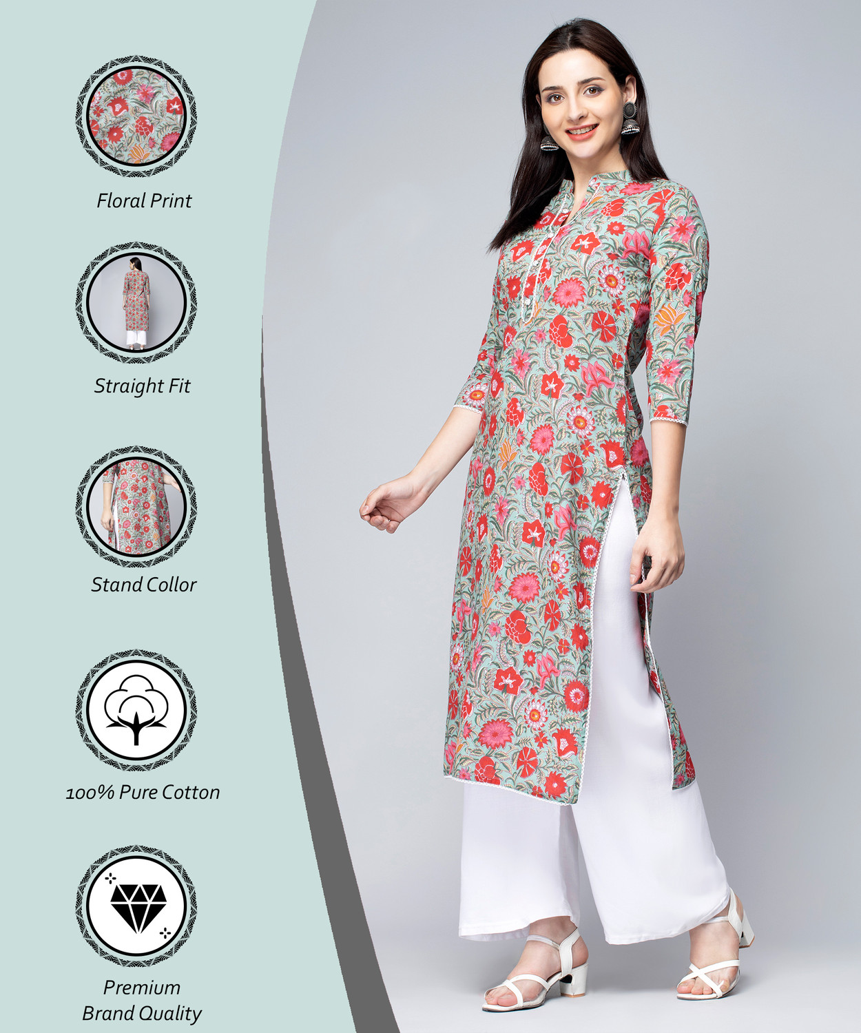 Image of GREYSHADE Women Floral Print Straight Kurta