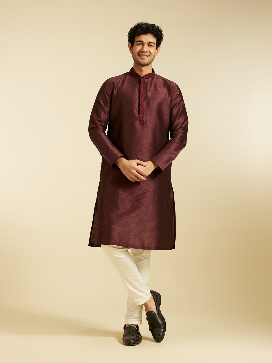 Image of DIWAS by Manyavar Self Design Art Silk Straight Kurta for Men (Purple)