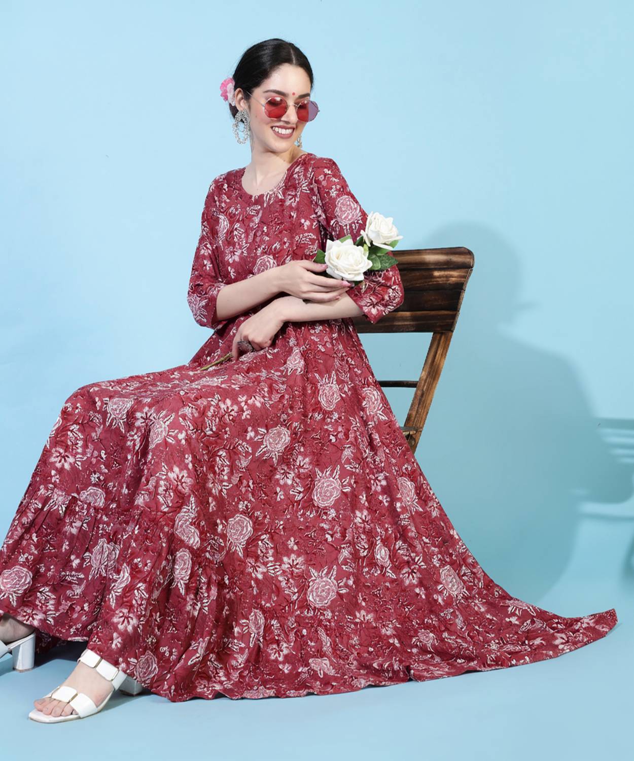 Gulmohar Jaipur Women Printed Viscose Rayon Flared Kurta (Maroon)