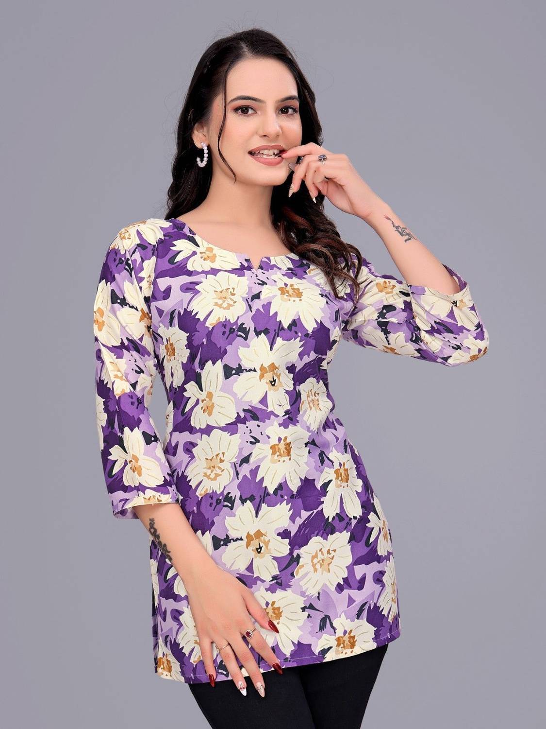 GARIYA Women Printed Cotton Blend Straight Kurta (Purple)