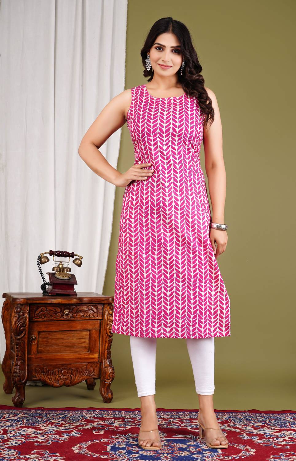 rainy rose Women Printed Cotton Blend A-line Kurta (Pink)