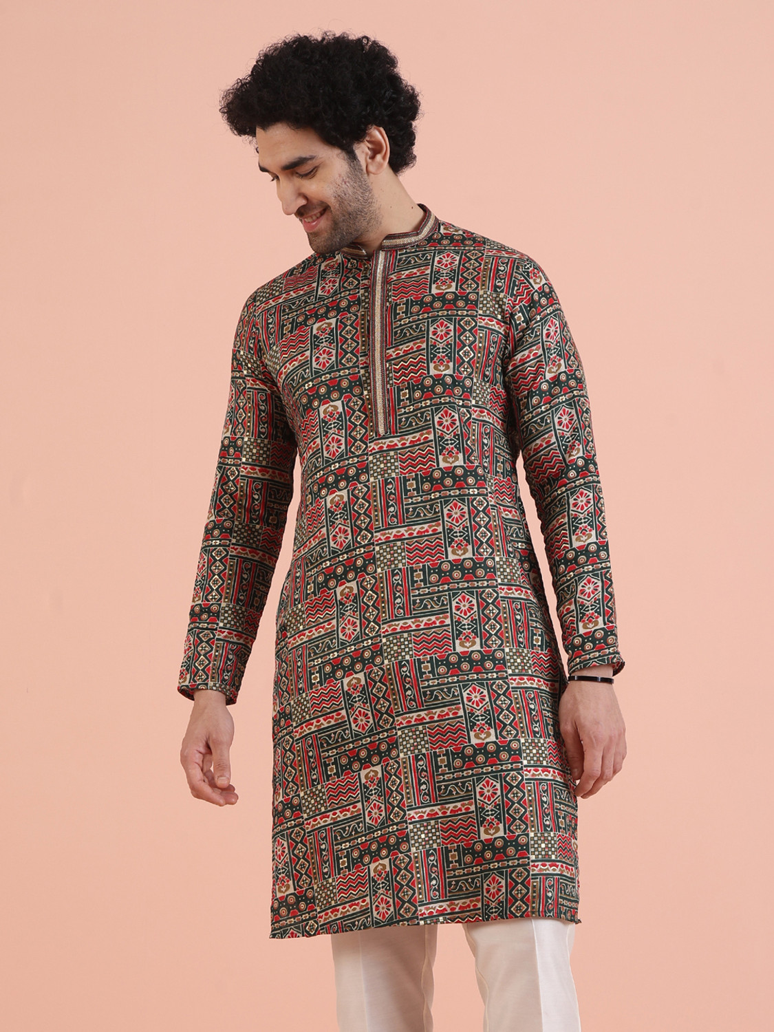 Image of Kisah Printed Silk Blend Straight Kurta for Men (Multicolor)