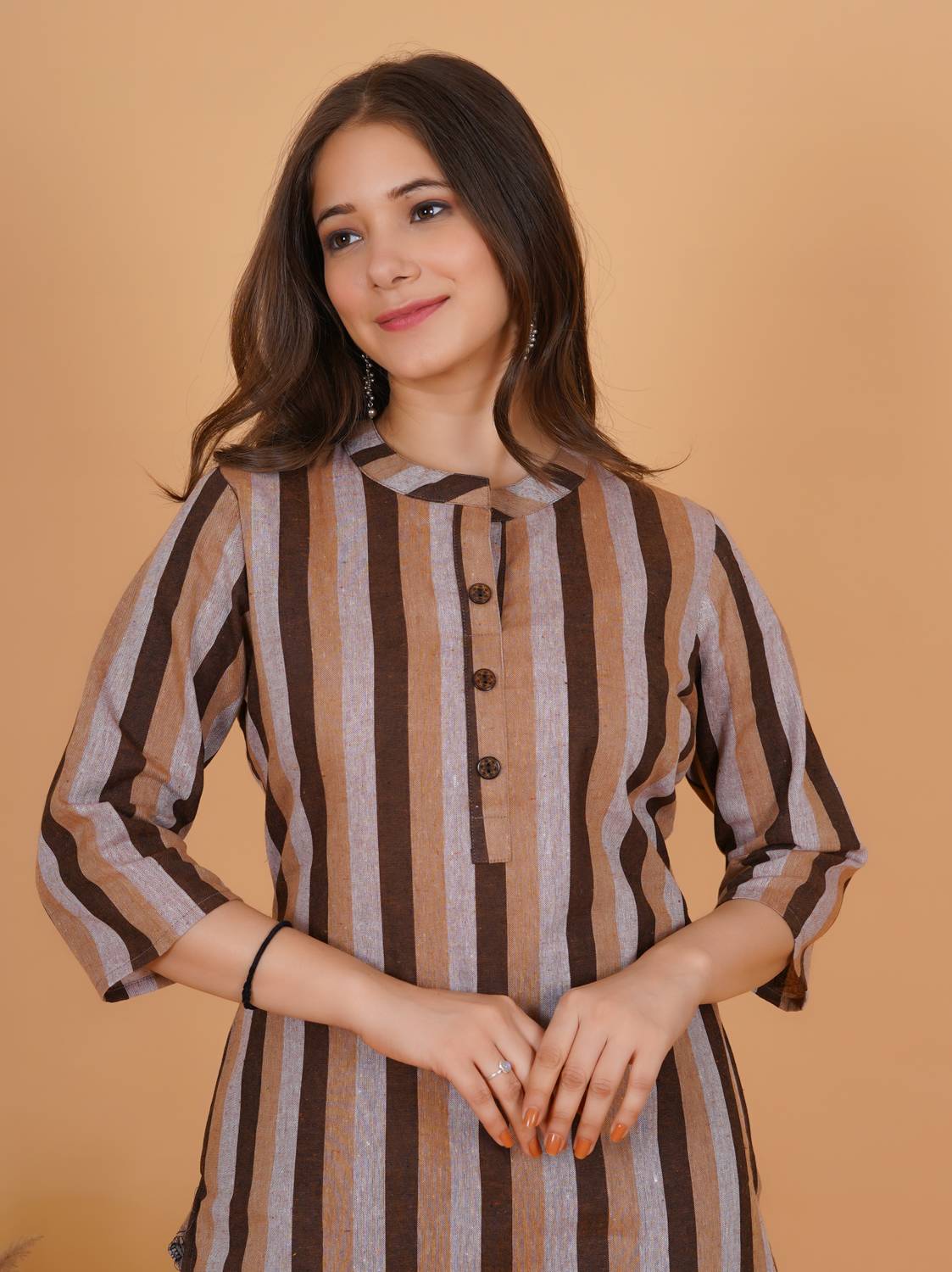 HouseOfCommon Women Striped Cotton Blend Straight Kurta (Brown)