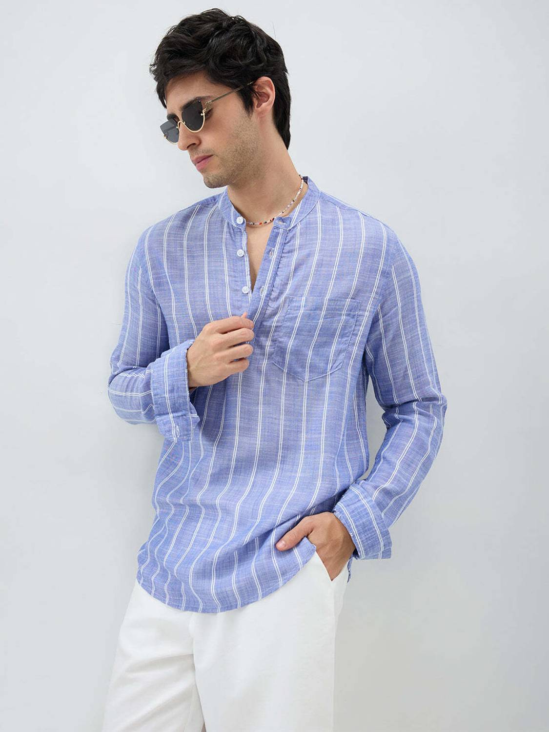 VASTRADO Men Blue Striped Straight Kurta - Image 4