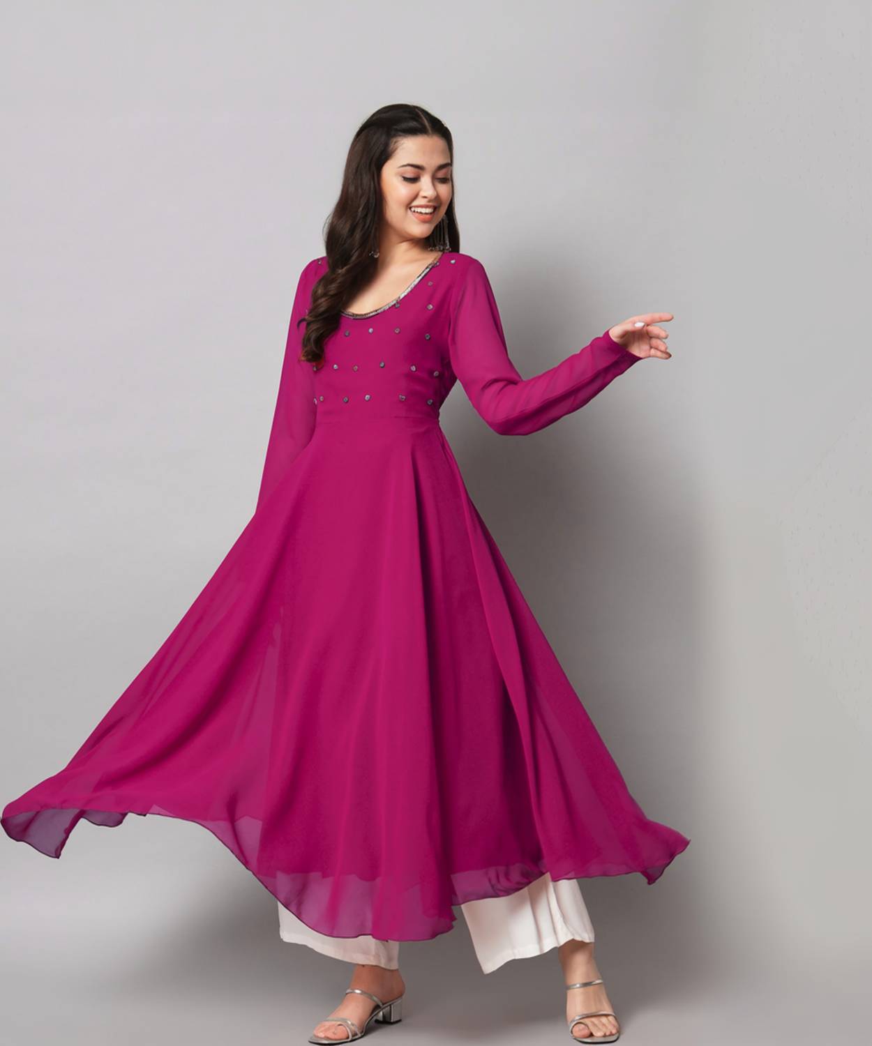 Poshak Hub Women Embroidered Georgette Anarkali Kurta (Pink)