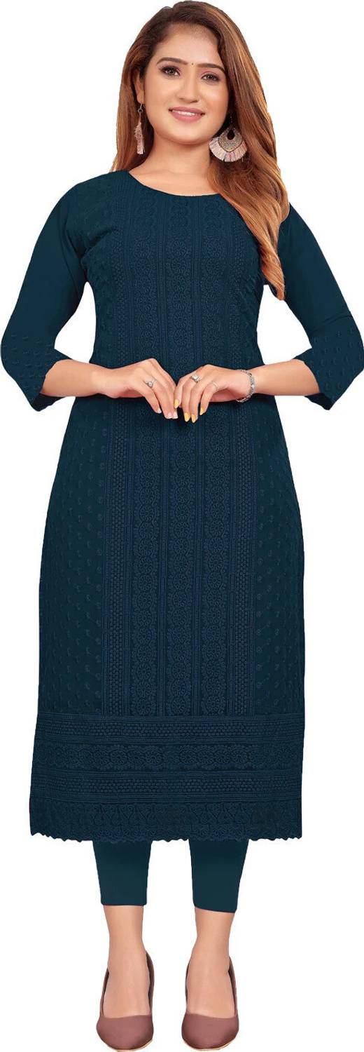 KAYRAAH Women Chikan Embroidery Georgette Straight Kurta (Blue)