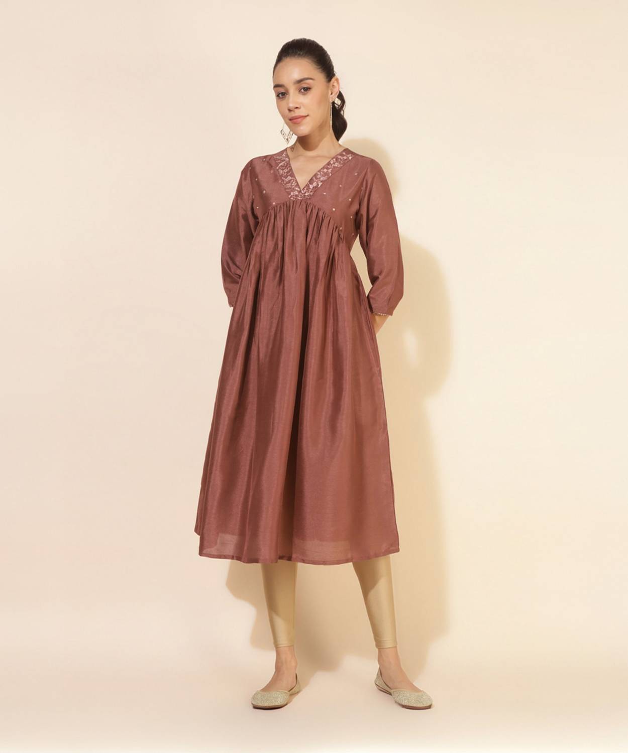 Janasya Women Embellished, Solid, Embroidered Silk Blend A-line K