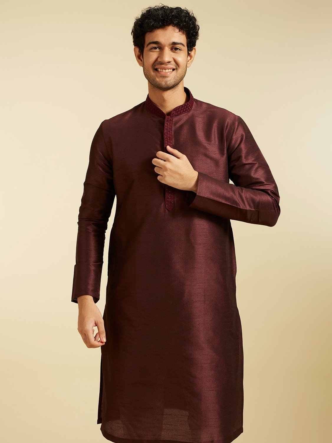 Image of DIWAS by Manyavar Self Design Art Silk Straight Kurta for Men (Purple)