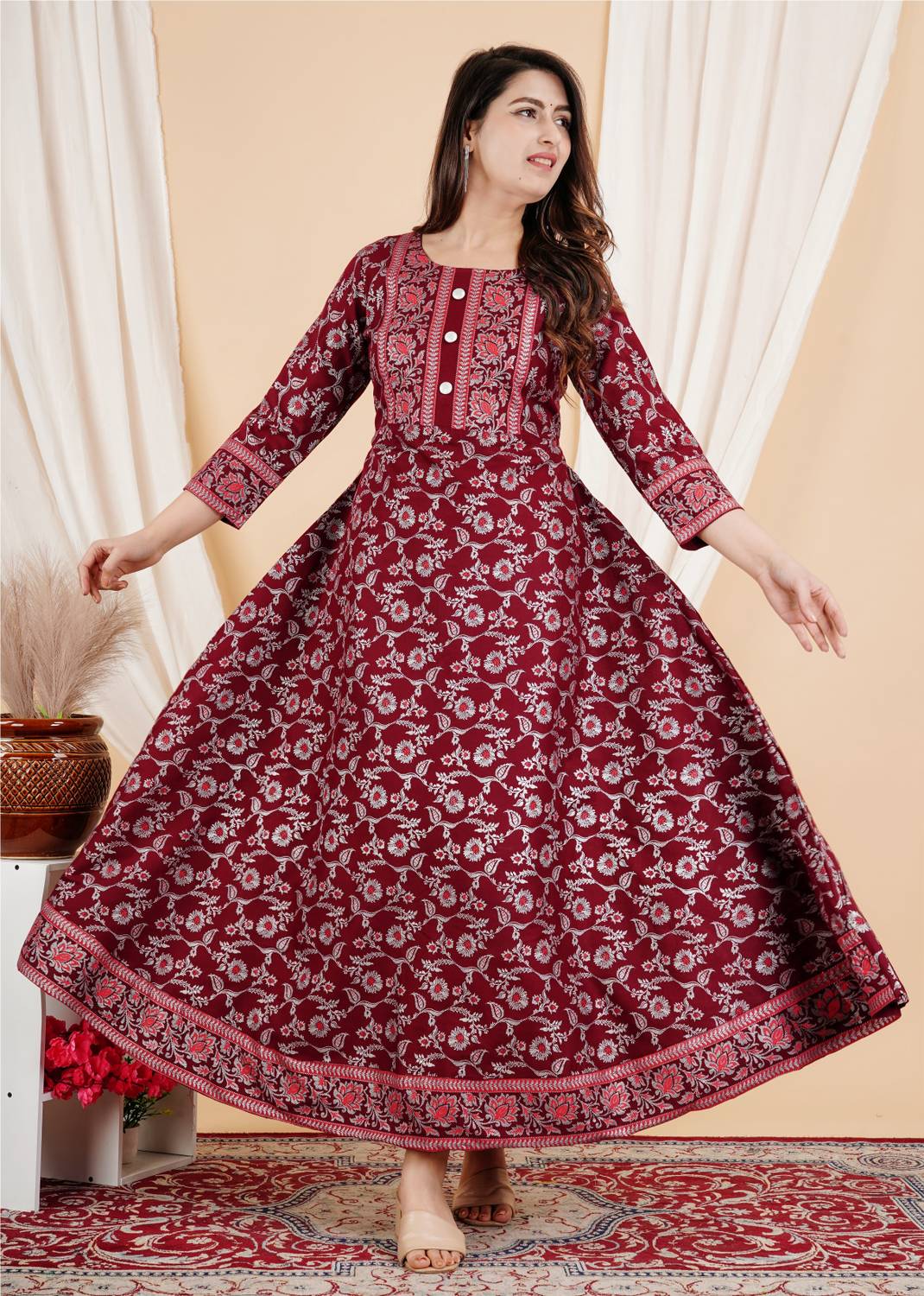fastal look Women Printed Viscose Rayon Anarkali Kurta (Grey, Red