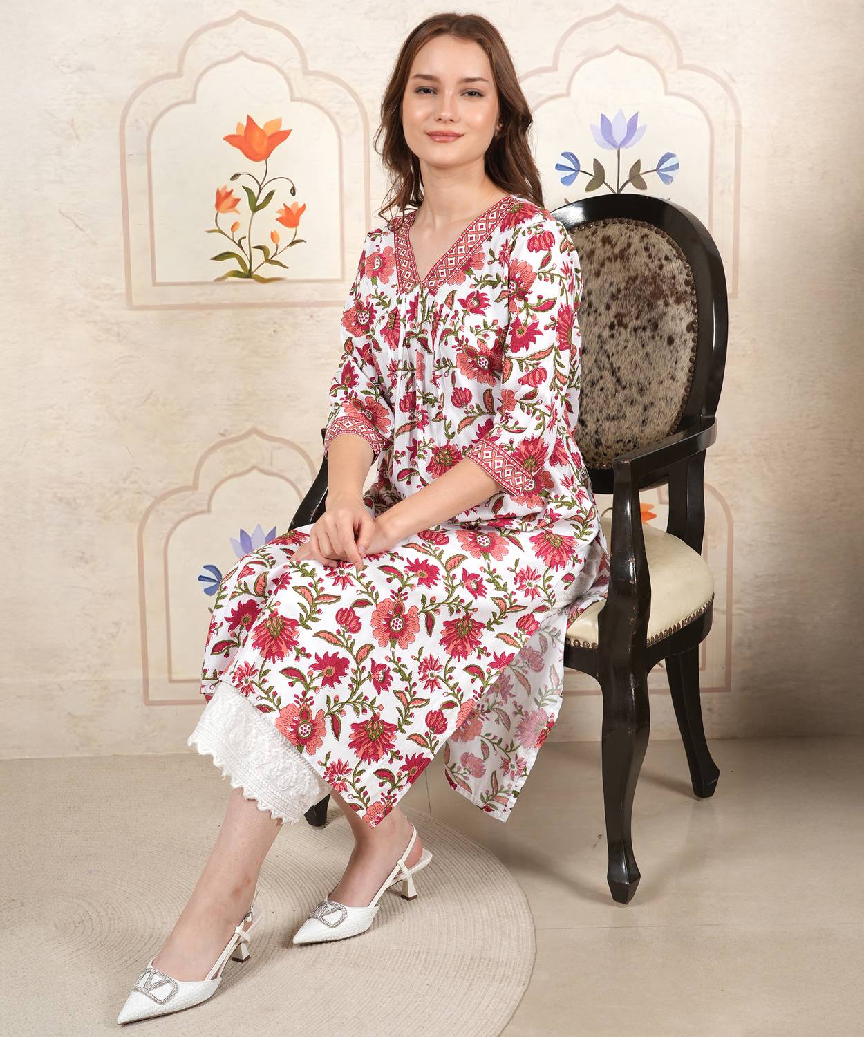 JINVARAM Women Floral Print Viscose Rayon A-line Kurta (Red)