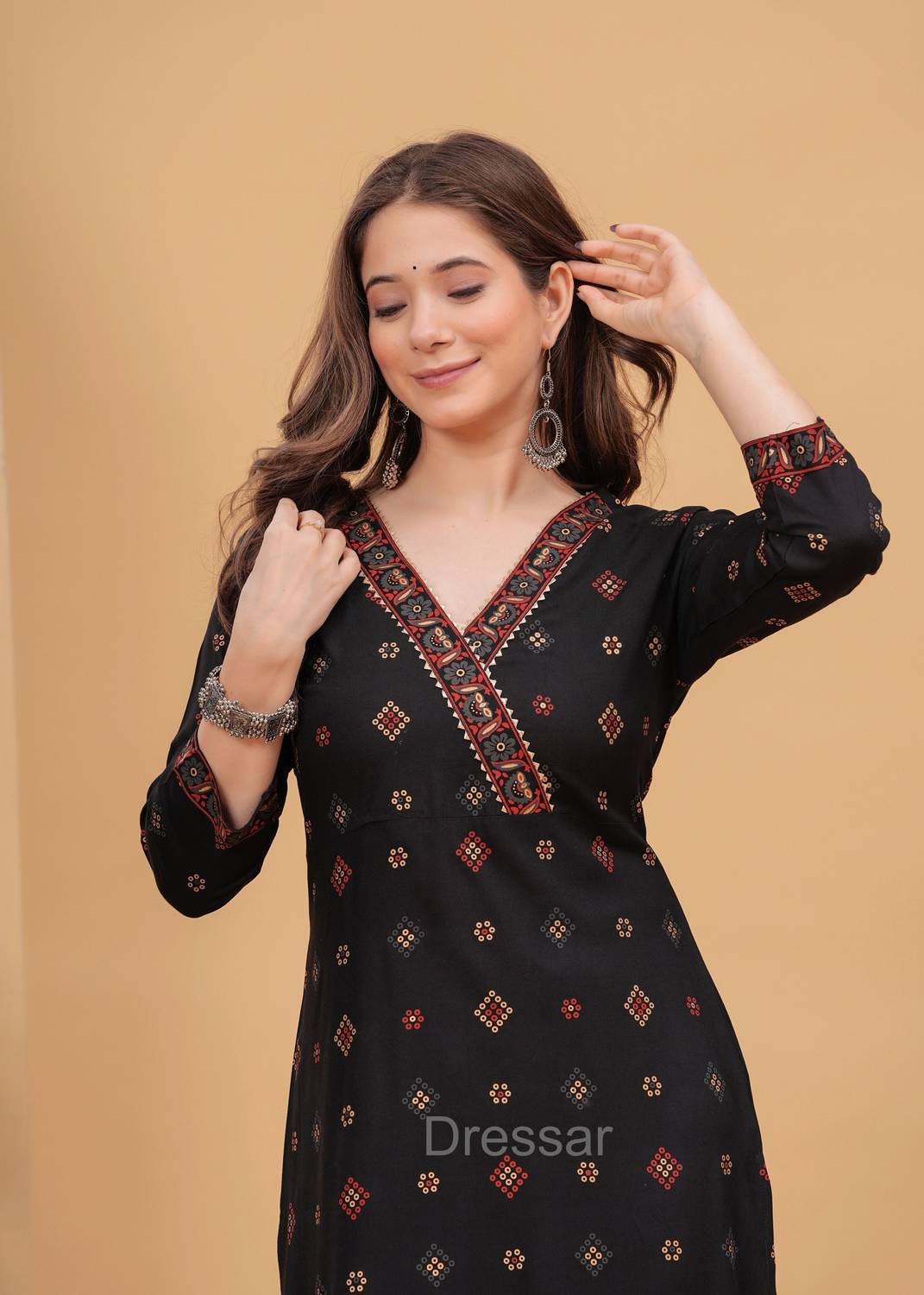 Dressar Women Printed Pure Cotton Straight Kurta (Black)