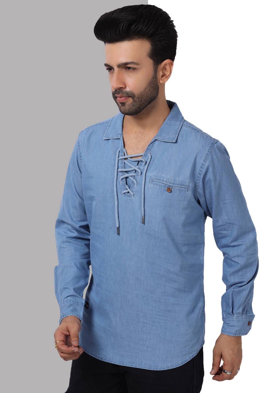 D Finish Men Blue Solid Straight Kurta - Image 3