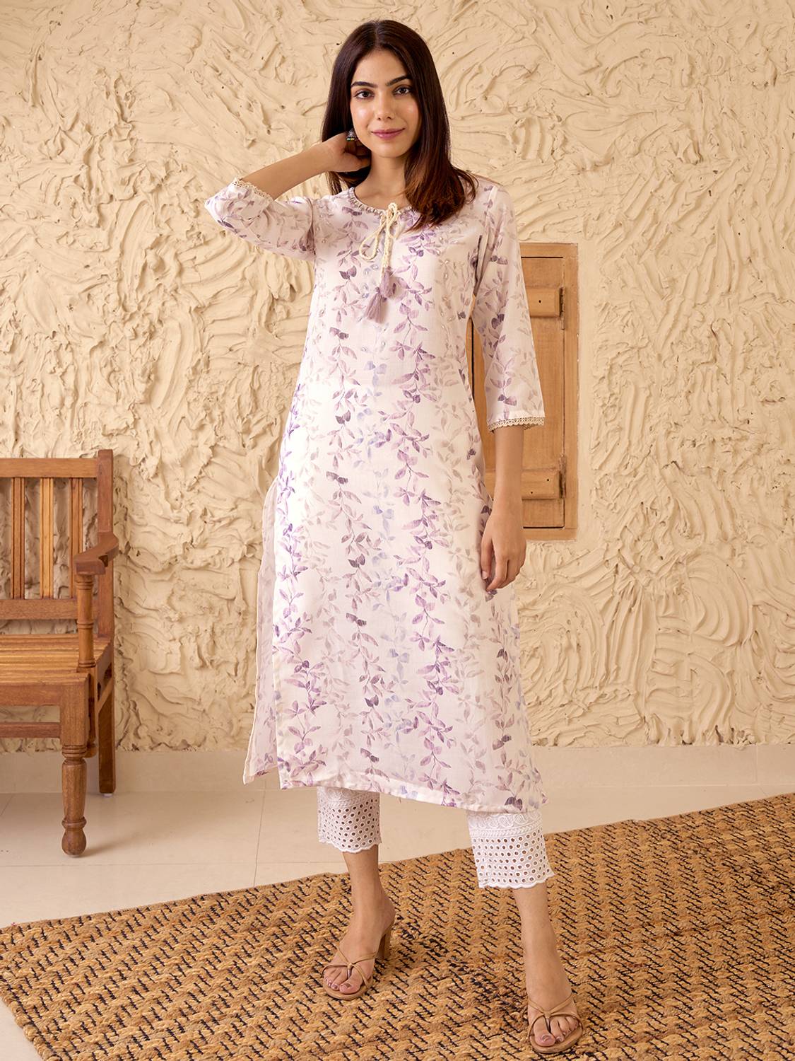 LIBAS Women Printed Cotton Blend Straight Kurta (White)