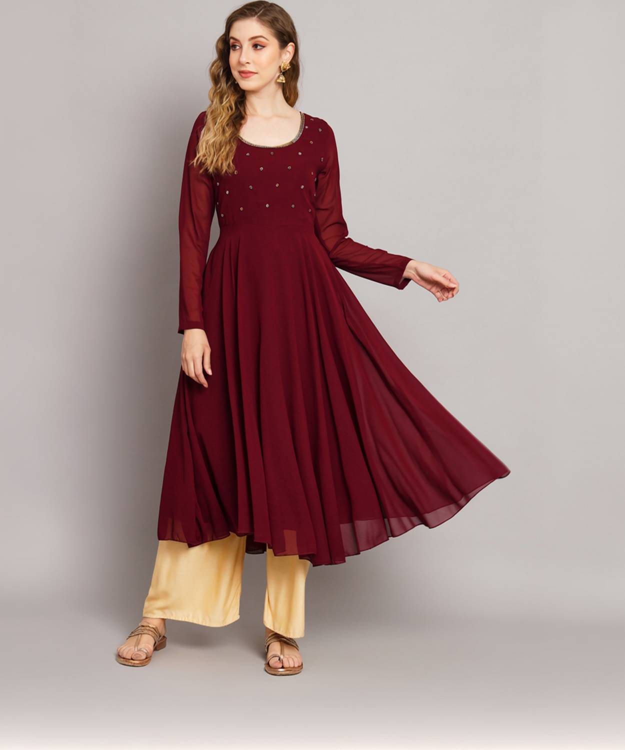 Poshak Hub Women Embroidered Georgette Anarkali Kurta (Maroon)