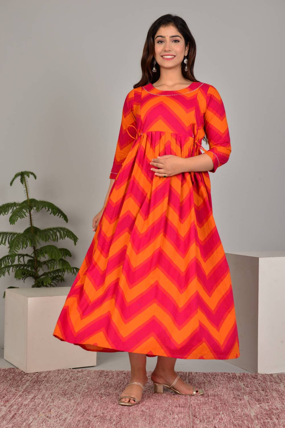 Tulsiram Women Printed Pure Cotton Anarkali Kurta (Orange, Pink)