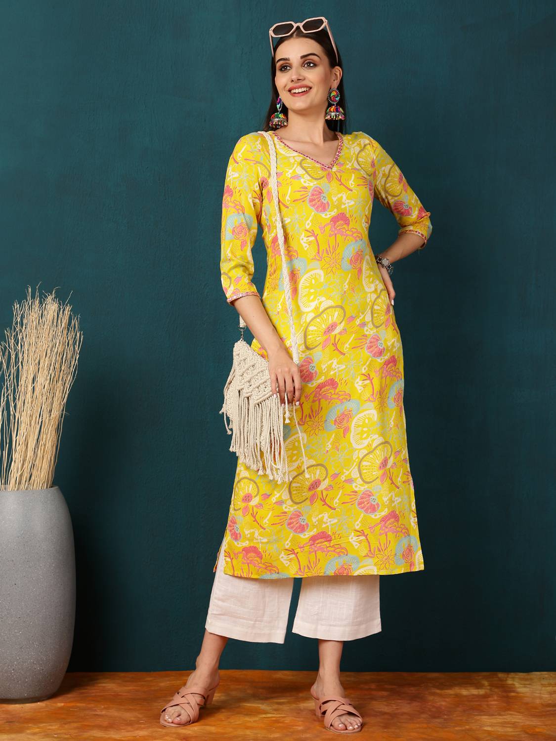 Gulmohar Jaipur Women Printed Viscose Rayon Straight Kurta (Yello