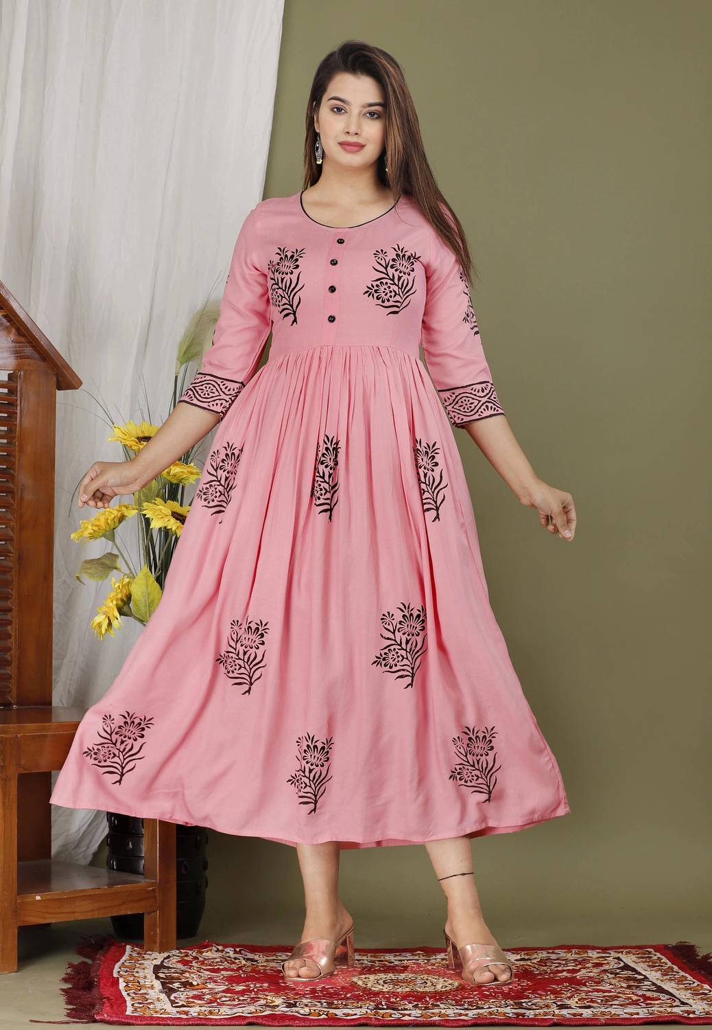Priyshi Designing Women Printed Viscose Rayon Flared Kurta (Pink)