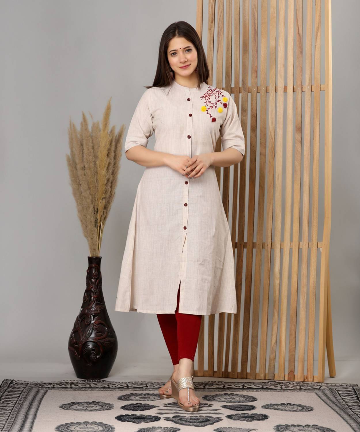 heartloom Women Embroidered Pure Cotton A-line Kurta (Beige)