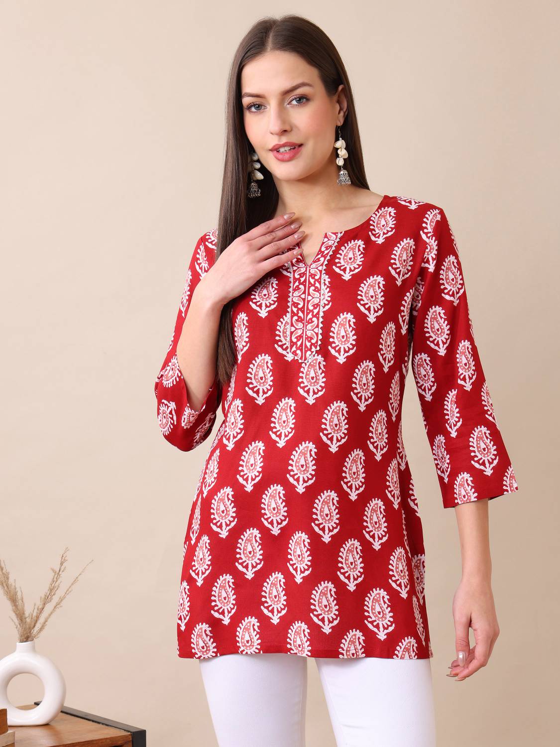 MABRI Women Printed Viscose Rayon A-line Kurta (Red)